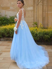 Prom Dresses 2041, A-Line/Princess V-neck Sweep Train Tulle Prom Dresses With Appliques Lace