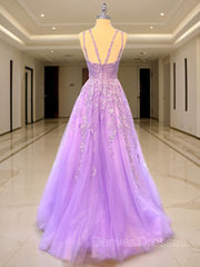 Prom Dresses 2023, A-Line/Princess V-neck Sweep Train Tulle Prom Dresses With Appliques Lace