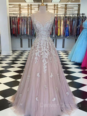 Formal Dress Attire, A-Line/Princess V-neck Sweep Train Tulle Prom Dresses With Appliques Lace
