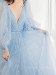 Prom Dresses Designers, A-Line/Princess V-neck Sweep Train Tulle Prom Dresses With Ruffles