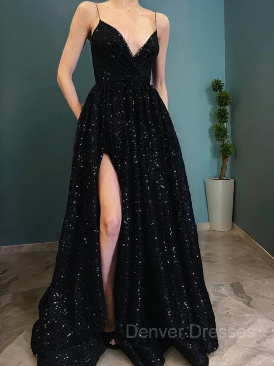 Party Dress Dresses, A-Line/Princess V-neck Sweep Train Velvet Sequins Prom Dresses With Leg Slit