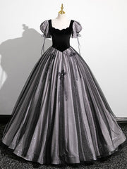 Prom Dress Tulle, A-Line Puff Sleeves Black Long Prom Dress, Black Sweet 16 Dress