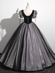 Prom Dresses Tulle, A-Line Puff Sleeves Black Long Prom Dress, Black Sweet 16 Dress