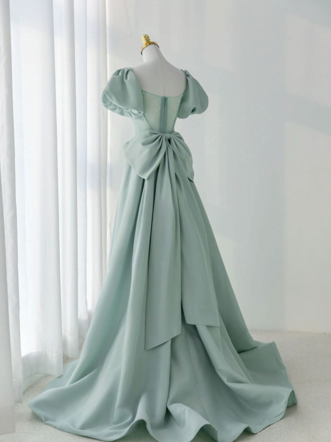 Prom Dresses Emerald Green, A-Line Puff Sleeves Green Long Prom Dress, Green Formal Dress