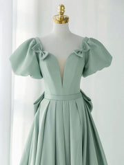 Prom Dress Modest, A-Line Puff Sleeves Green Long Prom Dress, Green Formal Dress