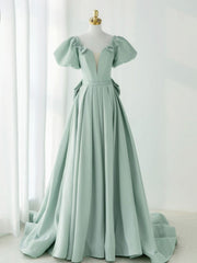 Prom Dress Emerald Green, A-Line Puff Sleeves Green Long Prom Dress, Green Formal Dress