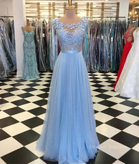 Bridesmaids Dress Champagne, A Line Round Neck Blue Lace Appliques Tulle Long Prom Dresses, Blue Lace Graduation Dresses, Blue Evening Formal Dresses