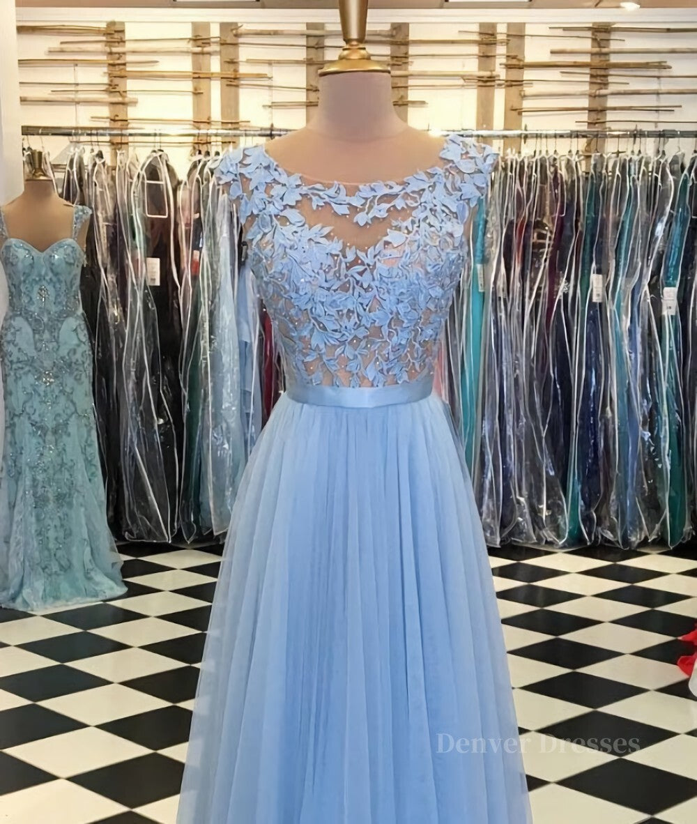 Bridesmaid Dress Champagne, A Line Round Neck Blue Lace Appliques Tulle Long Prom Dresses, Blue Lace Graduation Dresses, Blue Evening Formal Dresses