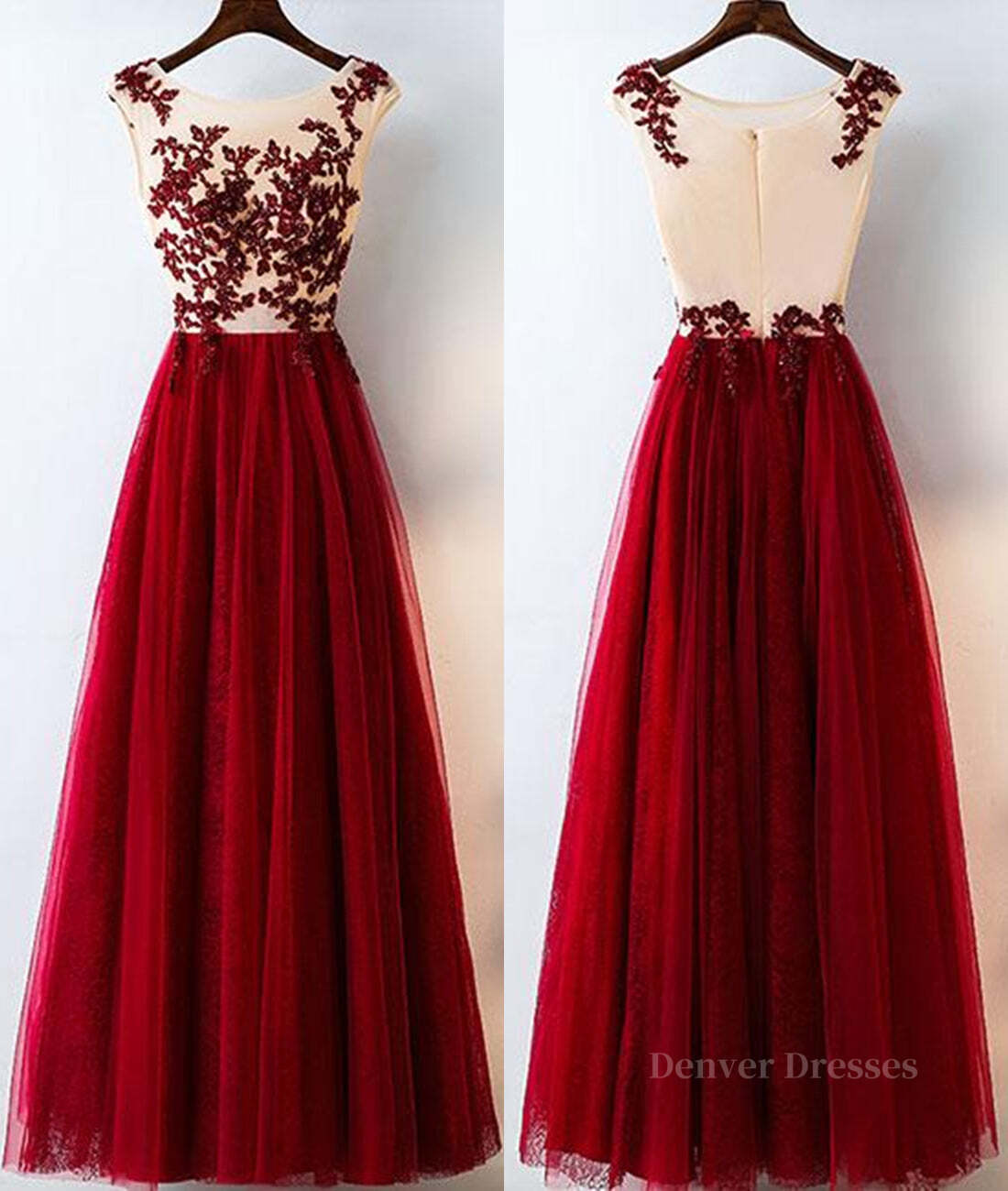 Bridesmaid Dresses Burgundy, A Line Round Neck Burgundy Lace Tulle Long Prom Dress, Burgundy Lace Evening Dress, Burgundy Lace Graduation Dress