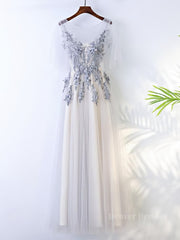 Bridesmaids Dressing Gowns, A Line Round Neck Half Sleeves Gray Lace Prom Dresses, Gray Floral Long Formal Evening Dresses