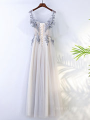 Bridesmaid Dresses Near Me, A Line Round Neck Half Sleeves Gray Lace Prom Dresses, Gray Floral Long Formal Evening Dresses