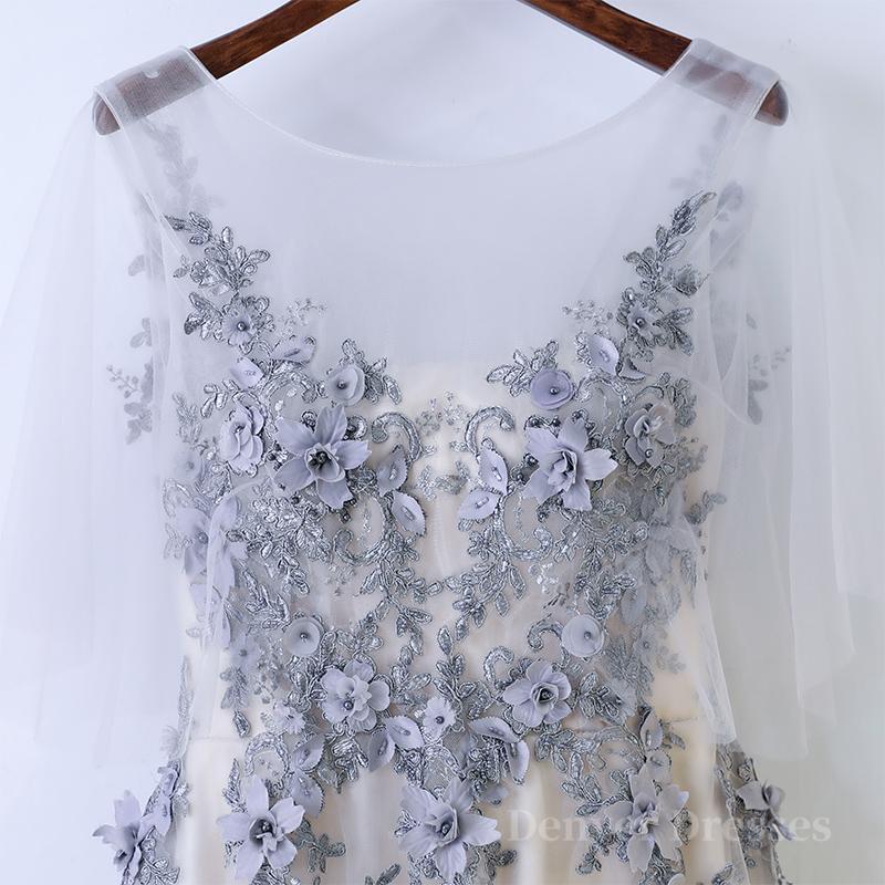 Bridesmaid Dress Colours, A Line Round Neck Half Sleeves Gray Lace Prom Dresses, Gray Floral Long Formal Evening Dresses