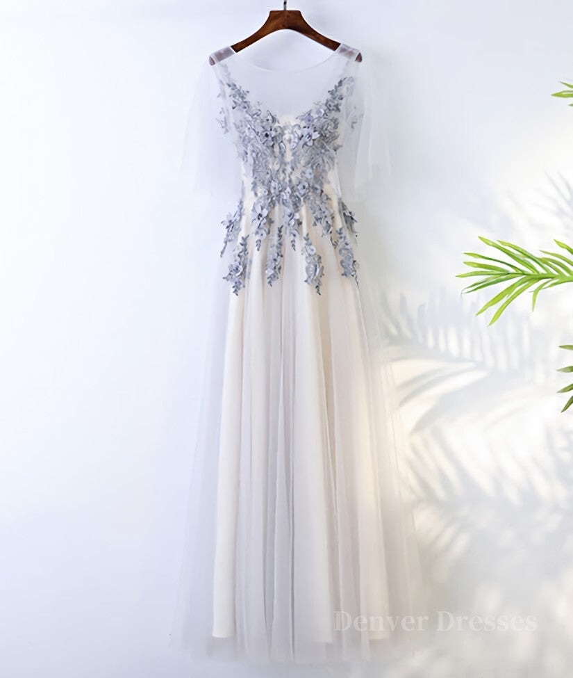 Bridesmaid Dresses Summer Wedding, A Line Round Neck Short Sleeves Lace Prom Dresses With Appliques, Lace Formal Dresses