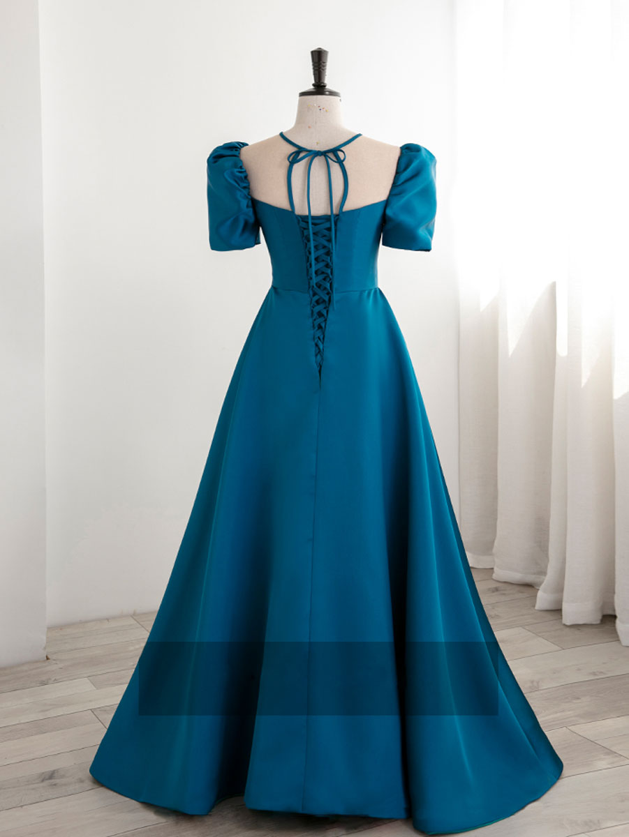 Party Dress Cheap, A-Line Satin Blue Long Prom Dress, Blue Long Formal Evening Dresses