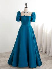 Party Dress In Store, A-Line Satin Blue Long Prom Dress, Blue Long Formal Evening Dresses