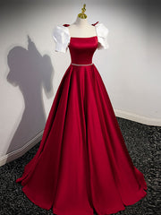 Bridesmaids Dress Online, A-Line Satin Burgundy Long Prom Dresses, Puffy Sleeve Formal Evening Dress