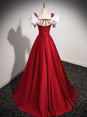 Bridesmaid Dress Shops Near Me, A-Line Satin Burgundy Long Prom Dresses, Puffy Sleeve Formal Evening Dress