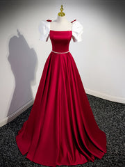 Bridesmaids Dresses Online, A-Line Satin Burgundy Long Prom Dresses, Puffy Sleeve Formal Evening Dress