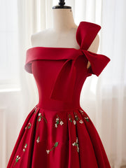 Bridesmaids Dresses Idea, A-Line Satin Burgundy Short Prom Dress, Burgundy Homecoming Dress with Beading