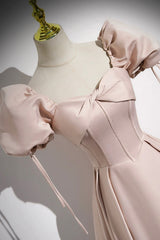 Non Traditional Wedding Dress, A-Line Satin Floor Length Pink Corset Prom Dress, Off the Shoulder Evening Dress