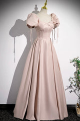 Dusty Blue Bridesmaid Dress, A-Line Satin Floor Length Pink Corset Prom Dress, Off the Shoulder Evening Dress