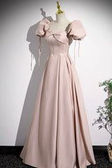Beauty Dress, A-Line Satin Floor Length Pink Corset Prom Dress, Off the Shoulder Evening Dress