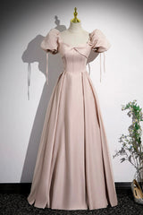 White Wedding, A-Line Satin Floor Length Pink Corset Prom Dress, Off the Shoulder Evening Dress