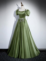 Prom Dress With Shorts, A-Line Satin Green Long Prom Dress, Green Formal Evening Dress