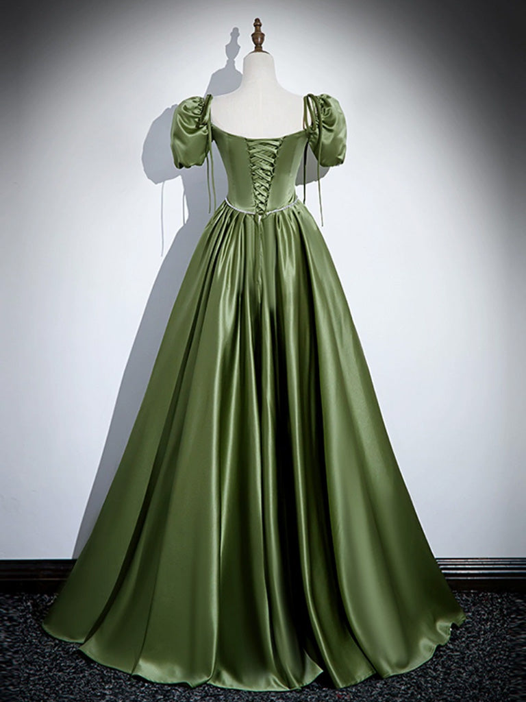 Prom Dresses With Shorts, A-Line Satin Green Long Prom Dress, Green Formal Evening Dress