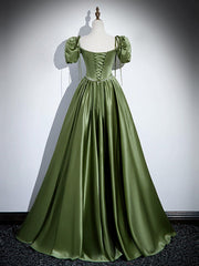 Prom Dresses With Shorts, A-Line Satin Green Long Prom Dress, Green Formal Evening Dress