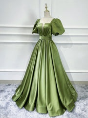 Formal Dress Ballgown, A line Satin Long Green Prom Dresses, Green Formal Evening Graduation Dresses