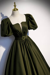 Prom Dresses Sweetheart, A-Line Satin Long Prom Dress, Dark Green Short Sleeve Evening Graduation Dress