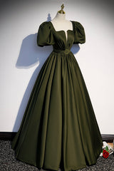 Prom Dresses Size 15, A-Line Satin Long Prom Dress, Dark Green Short Sleeve Evening Graduation Dress