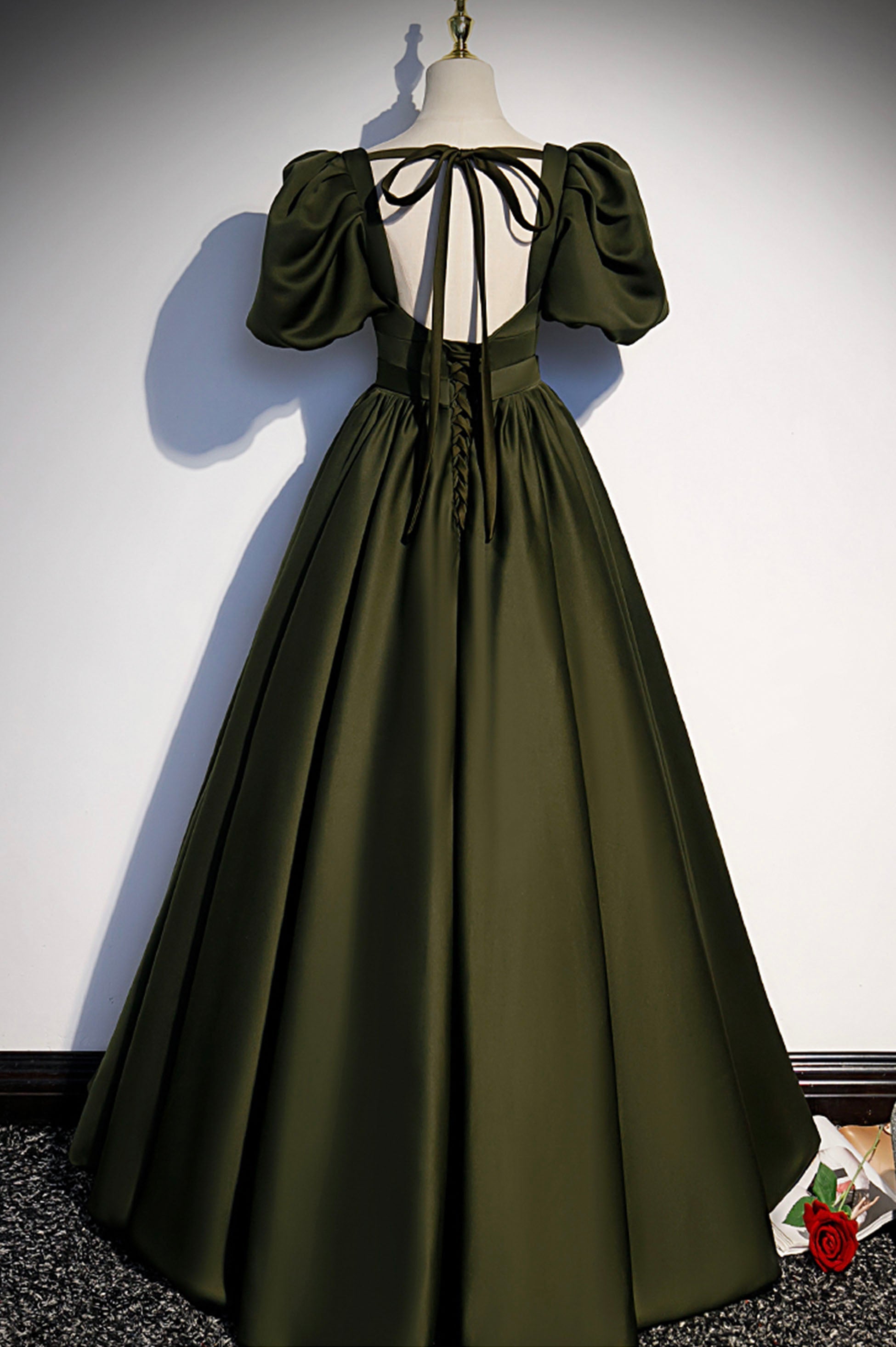 Prom Dress Size 15, A-Line Satin Long Prom Dress, Dark Green Short Sleeve Evening Graduation Dress