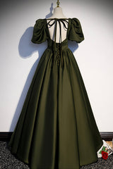 Prom Dress Size 15, A-Line Satin Long Prom Dress, Dark Green Short Sleeve Evening Graduation Dress