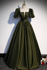 Prom Dress Sweetheart, A-Line Satin Long Prom Dress, Dark Green Short Sleeve Evening Graduation Dress