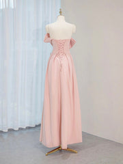 Prom Dress Floral, A-Line Satin Pink Long Prom Dress, Pink Long Formal Dress