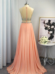 Casual Dress, A-line Scoop Beading Sweep Train Chiffon Dress