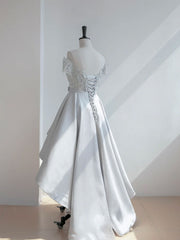 Party Dresses On Sale, A-Line Scoop Neckline Lace Gray Prom Dress, High Low Style Satin Formal Dresses