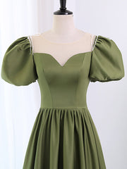 Prom Dresses 02, A-Line Scoop Neckline Puff Sleeves Satin Long Green Prom Dress, Green Formal Dress