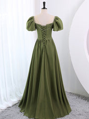 Prom Dress 02, A-Line Scoop Neckline Puff Sleeves Satin Long Green Prom Dress, Green Formal Dress