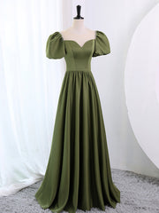 Prom Dress Under 52, A-Line Scoop Neckline Puff Sleeves Satin Long Green Prom Dress, Green Formal Dress