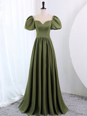 Prom Dress Sleeves, A-Line Scoop Neckline Puff Sleeves Satin Long Green Prom Dress, Green Formal Dress