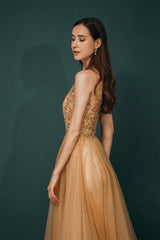 Prom Dresses Gold, A-Line Scoop Neckline Sheer Appliques Beaded Ankle Length Prom Dresses