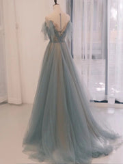 Party Dress Lady, A-Line Scoop Neckline Tulle Gray Blue Long Prom Dress with Sequin