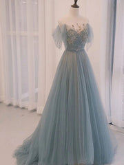 Party Dress Quick, A-Line Scoop Neckline Tulle Gray Blue Long Prom Dress with Sequin