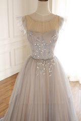 Bachelorette Party, A-Line Scoop Neckline Tulle Long Prom Dress with Beaded, Evening Party Dress