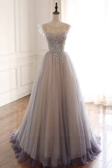 Small Wedding Ideas, A-Line Scoop Neckline Tulle Long Prom Dress with Beaded, Evening Party Dress