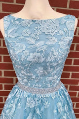 Elegant Wedding, A-line Sky Blue Prom Dress Long Sleeveless Graduation Gown,Prom Dresses