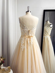 Party Dress Long Sleeve Maxi, A-line Spaghetti Straps Appliques Lace Floor-Length Tulle Dress